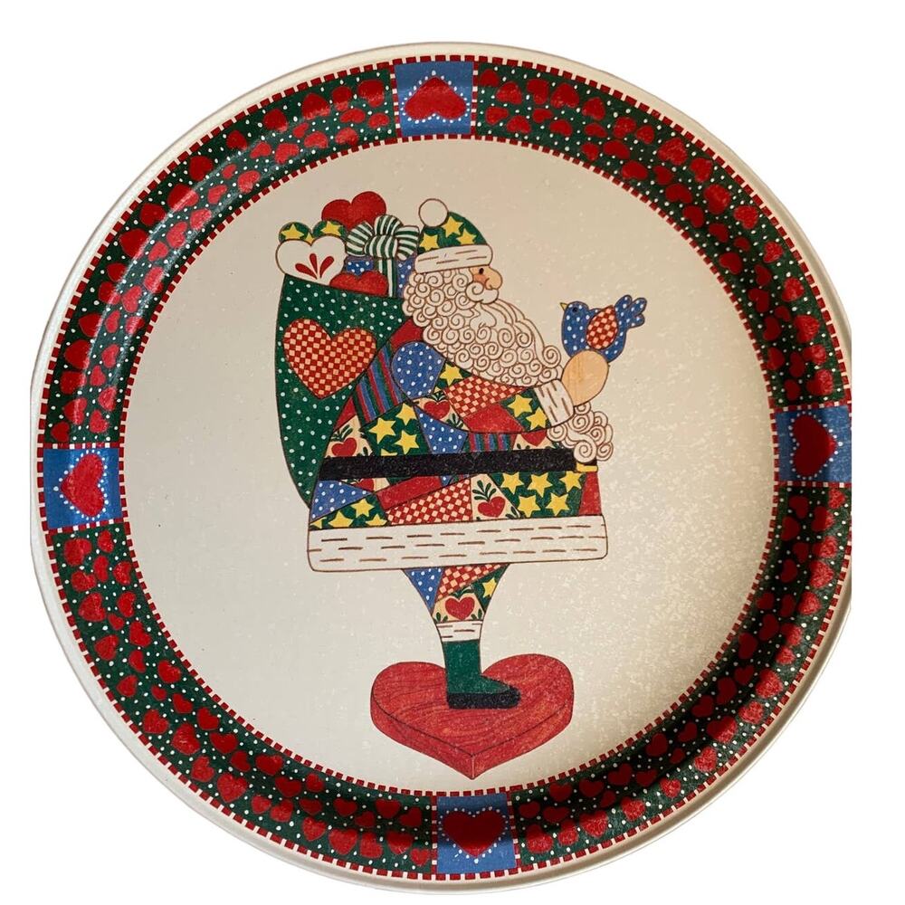 Vintage 90s Patchwork Santa folk metal tray